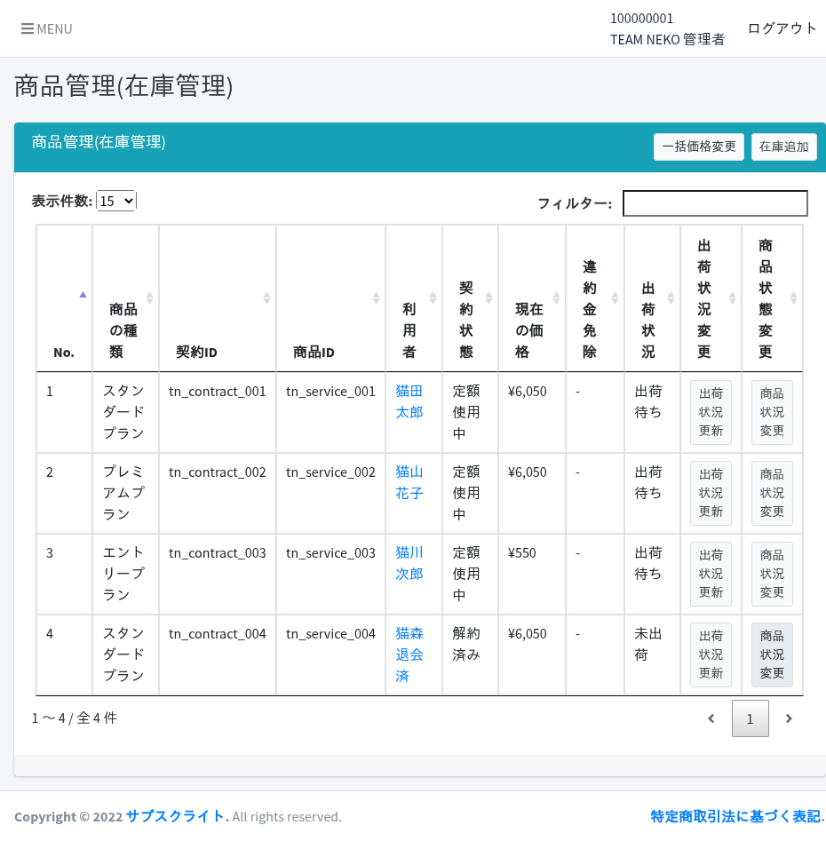 サブスクライト 商品管理画面